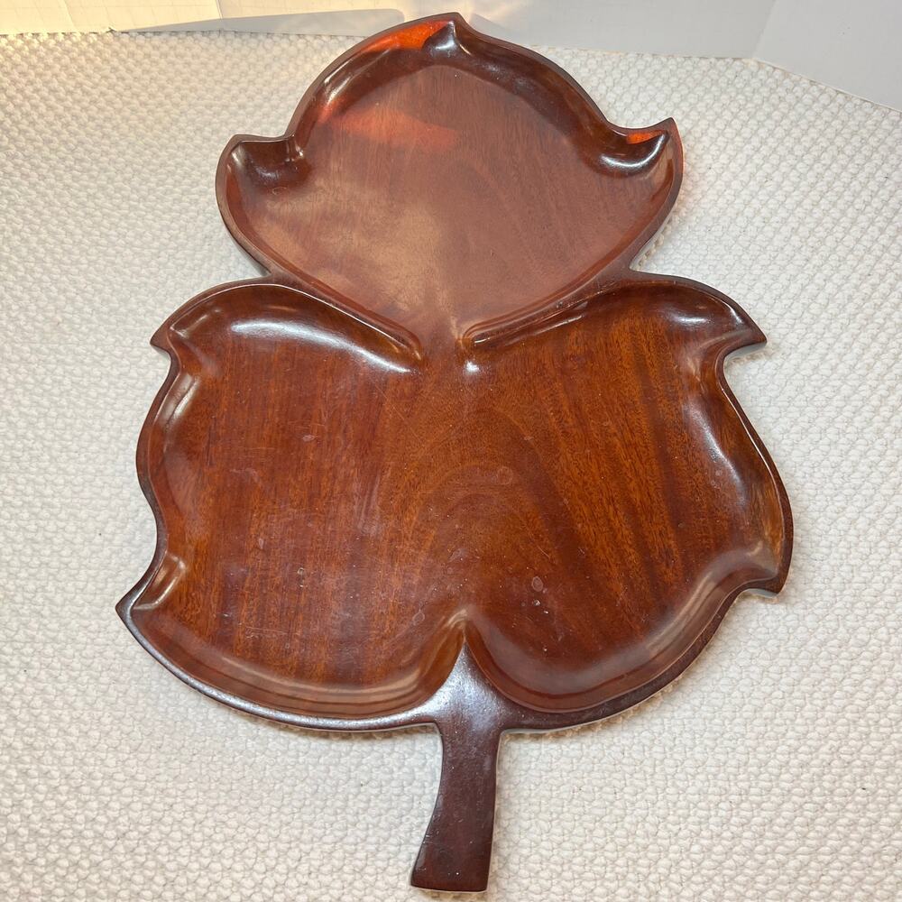 Mahogany Hand-Carved Divided Wood Leaf Mid Century Serving Platter Tray Haitian